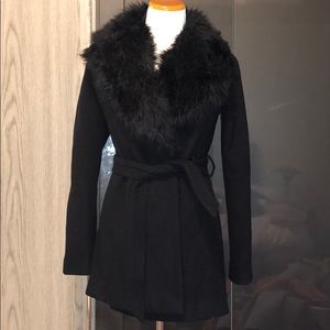H&M Black Belted Coat with Fur Collar